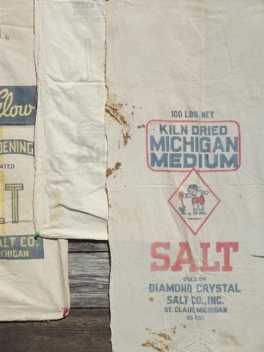 photo of vintage grain bag fabric, old farm salt feed sacks w/ printed advertising #2