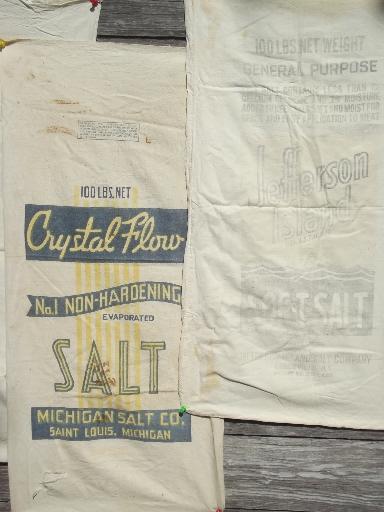 photo of vintage grain bag fabric, old farm salt feed sacks w/ printed advertising #3