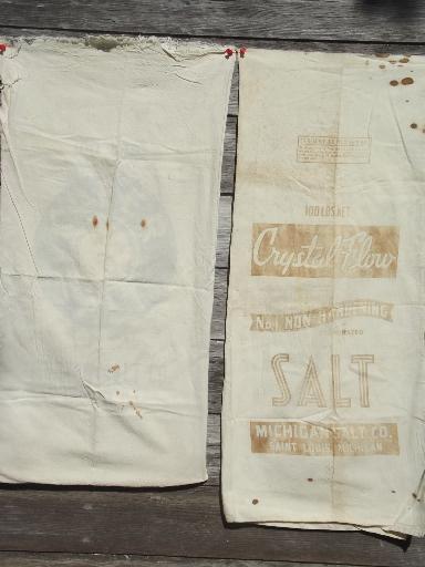 photo of vintage grain bag fabric, old farm salt feed sacks w/ printed advertising #4