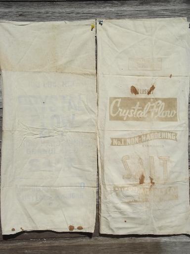 photo of vintage grain bag fabric, old farm salt feed sacks w/ printed advertising #5