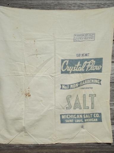 photo of vintage grain bag fabric, old farm salt feed sacks w/ printed advertising #7