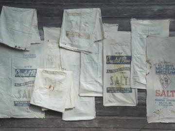 catalog photo of vintage grain bag fabric, old farm salt feed sacks w/ printed advertising