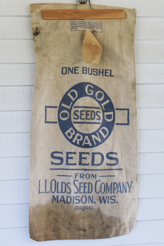 photo of vintage grain sack, Olds Seeds Madison Wisconsin advertising print feedsack cotton bag  #1