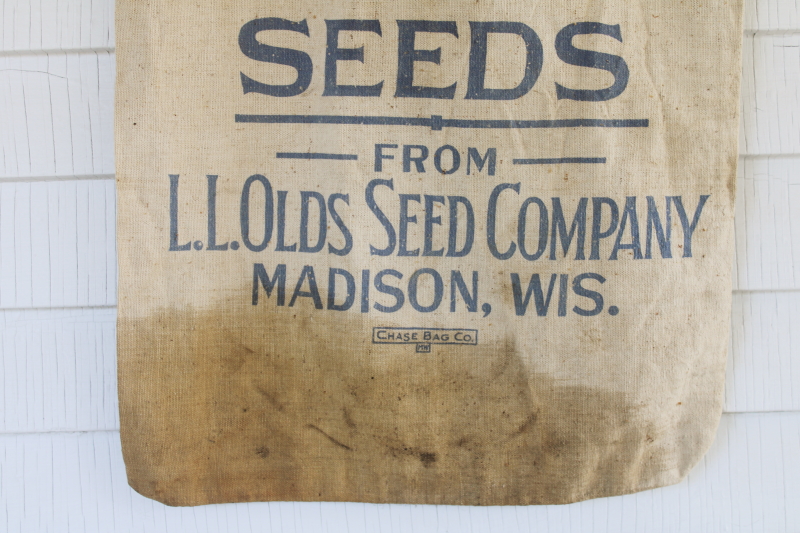 photo of vintage grain sack, Olds Seeds Madison Wisconsin advertising print feedsack cotton bag  #3