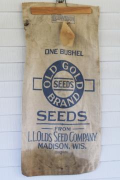 vintage grain sack, Olds Seeds Madison Wisconsin advertising print feedsack cotton bag 