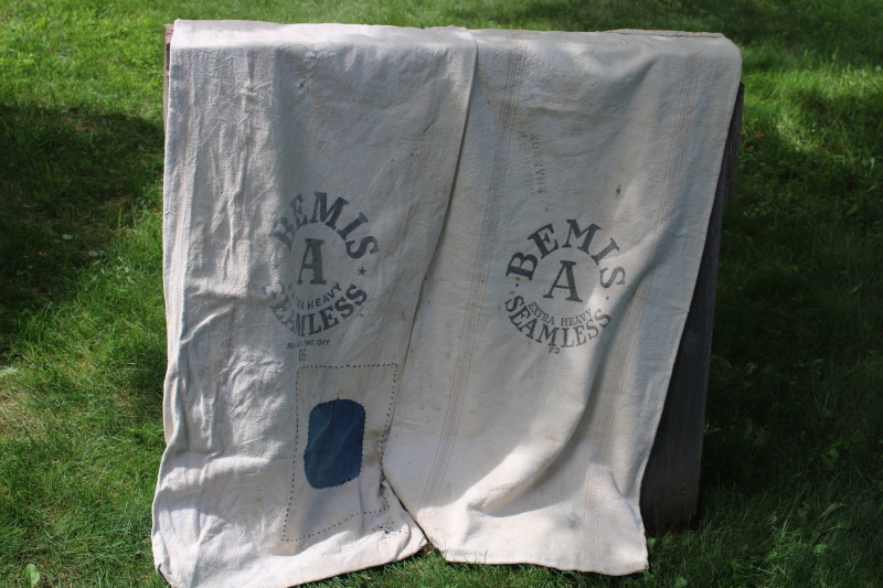 photo of vintage grain sacks, Bemis bags w/ woven stripe in muted colors, worn patched heavy cotton fabric  #1