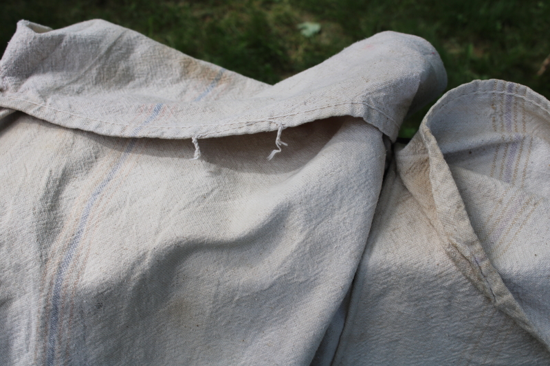photo of vintage grain sacks, Bemis bags w/ woven stripe in muted colors, worn patched heavy cotton fabric  #2