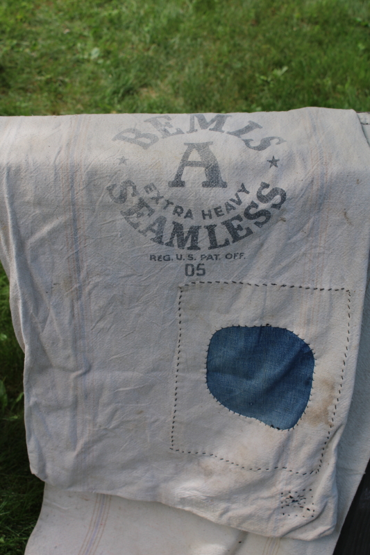 photo of vintage grain sacks, Bemis bags w/ woven stripe in muted colors, worn patched heavy cotton fabric  #3