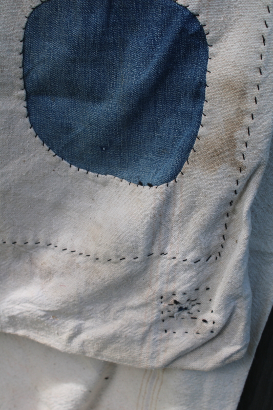 photo of vintage grain sacks, Bemis bags w/ woven stripe in muted colors, worn patched heavy cotton fabric  #4