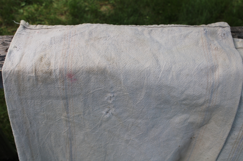 photo of vintage grain sacks, Bemis bags w/ woven stripe in muted colors, worn patched heavy cotton fabric  #5