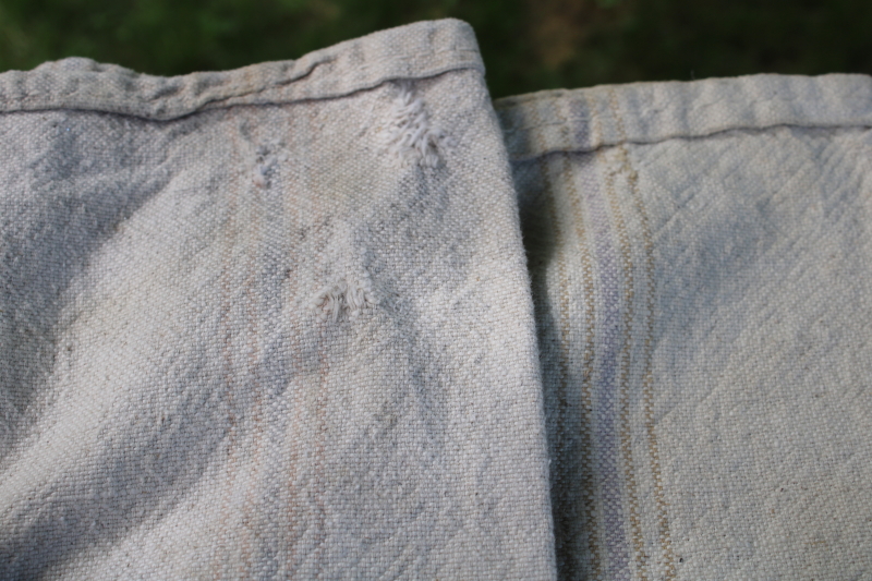 photo of vintage grain sacks, Bemis bags w/ woven stripe in muted colors, worn patched heavy cotton fabric  #6
