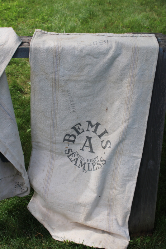 photo of vintage grain sacks, Bemis bags w/ woven stripe in muted colors, worn patched heavy cotton fabric  #7