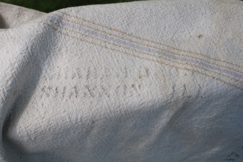 photo of vintage grain sacks, Bemis bags w/ woven stripe in muted colors, worn patched heavy cotton fabric  #8