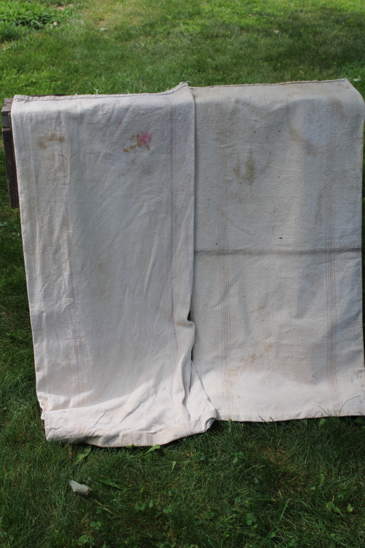 photo of vintage grain sacks, Bemis bags w/ woven stripe in muted colors, worn patched heavy cotton fabric  #9