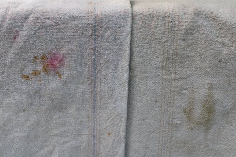 photo of vintage grain sacks, Bemis bags w/ woven stripe in muted colors, worn patched heavy cotton fabric  #10