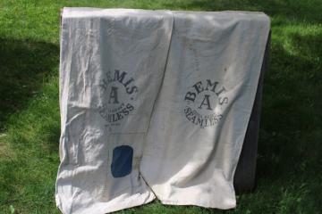vintage grain sacks, Bemis bags w/ woven stripe in muted colors, worn patched heavy cotton fabric 