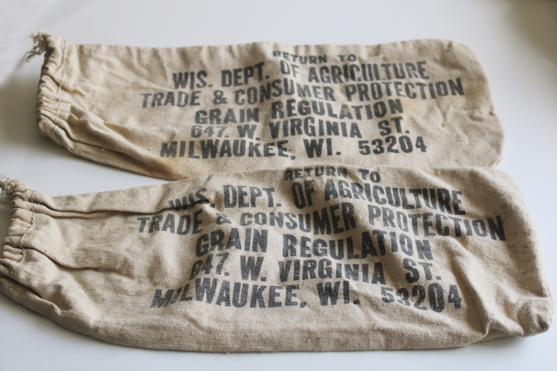 photo of vintage grain sacks, drawstring cotton bags printed for Wisconsin Dept of Agriculture  #1