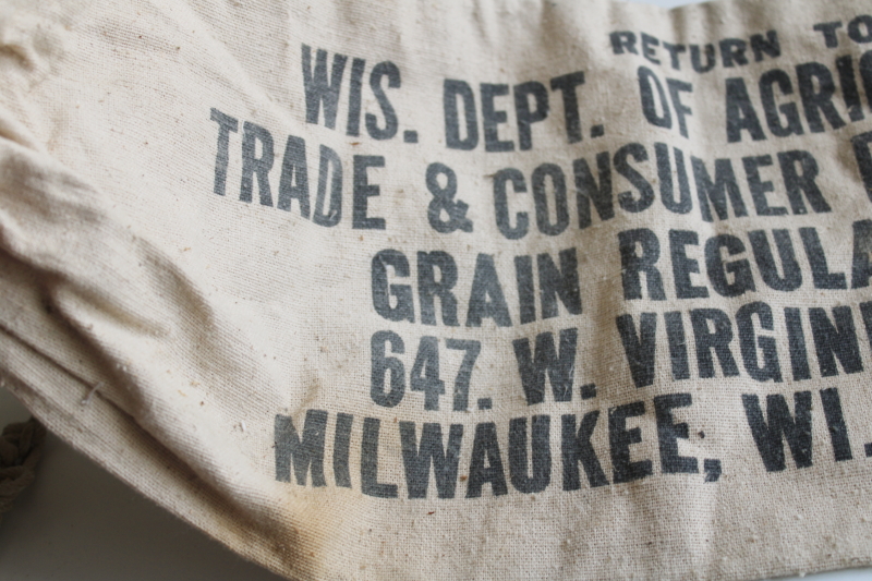 photo of vintage grain sacks, drawstring cotton bags printed for Wisconsin Dept of Agriculture  #4