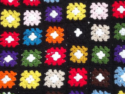 photo of vintage granny crochet afghan, retro blanket in black w/ brights grannies #2