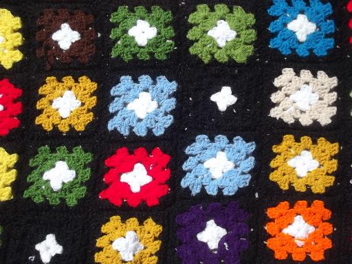 photo of vintage granny crochet afghan, retro blanket in black w/ brights grannies #3