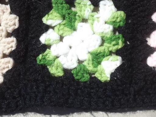 photo of vintage granny crochet afghan, retro blanket in black w/ brights grannies #4