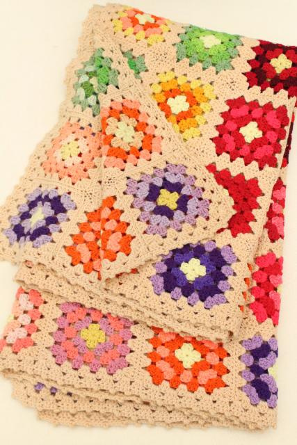 photo of vintage granny square afghan, cozy cottage chic crochet wool throw flower garden colors #1
