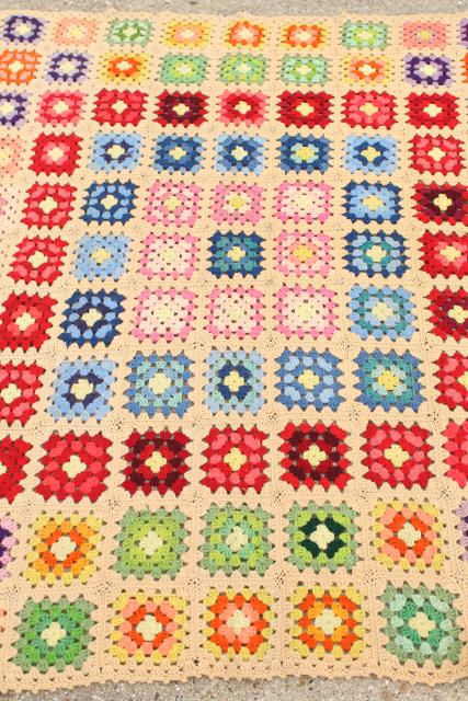 photo of vintage granny square afghan, cozy cottage chic crochet wool throw flower garden colors #2
