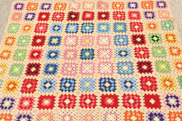 photo of vintage granny square afghan, cozy cottage chic crochet wool throw flower garden colors #3