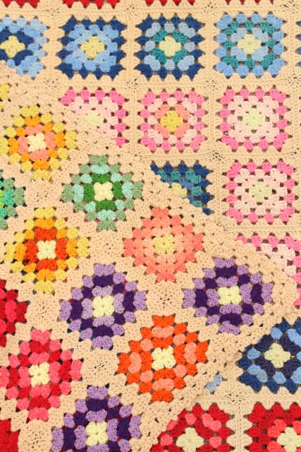 photo of vintage granny square afghan, cozy cottage chic crochet wool throw flower garden colors #4