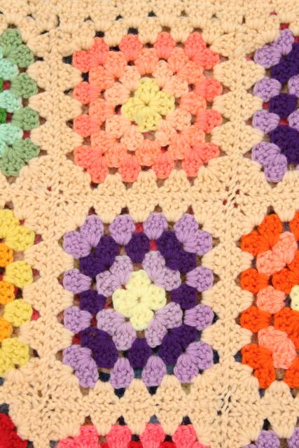 photo of vintage granny square afghan, cozy cottage chic crochet wool throw flower garden colors #5