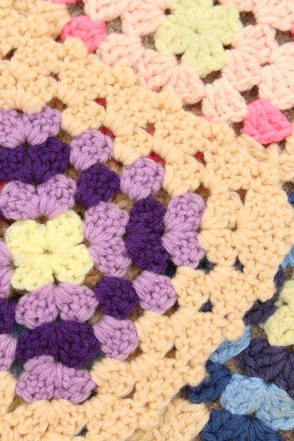photo of vintage granny square afghan, cozy cottage chic crochet wool throw flower garden colors #6