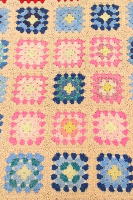 photo of vintage granny square afghan, cozy cottage chic crochet wool throw flower garden colors #7