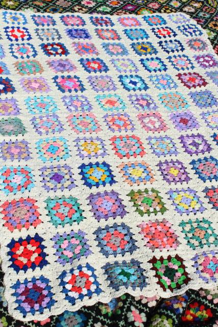 photo of vintage granny square afghan, cozy cottage chic crochet wool throw flower garden colors #1