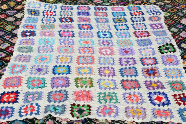 photo of vintage granny square afghan, cozy cottage chic crochet wool throw flower garden colors #2