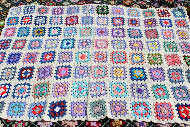 photo of vintage granny square afghan, cozy cottage chic crochet wool throw flower garden colors #3