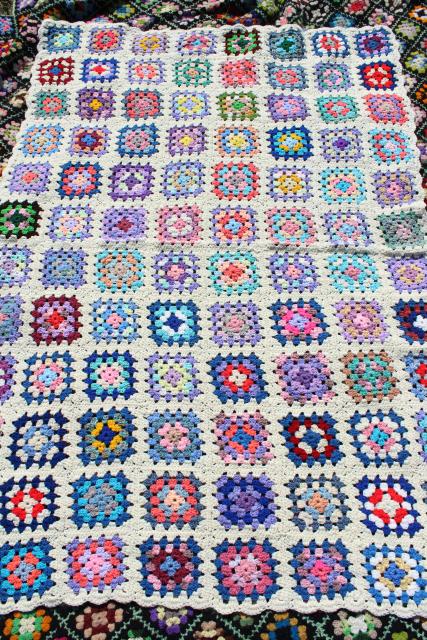 photo of vintage granny square afghan, cozy cottage chic crochet wool throw flower garden colors #4