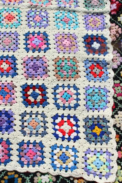 photo of vintage granny square afghan, cozy cottage chic crochet wool throw flower garden colors #5