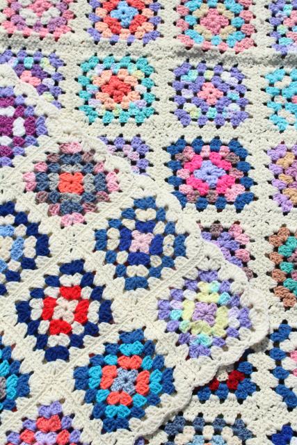 photo of vintage granny square afghan, cozy cottage chic crochet wool throw flower garden colors #7