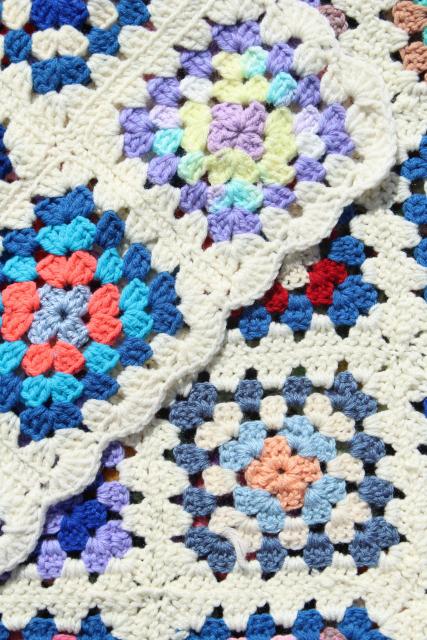 photo of vintage granny square afghan, cozy cottage chic crochet wool throw flower garden colors #8