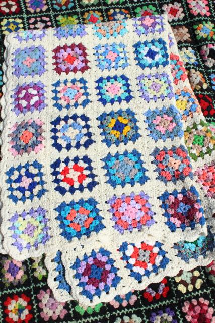 photo of vintage granny square afghan, cozy cottage chic crochet wool throw flower garden colors #10