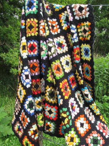 photo of vintage granny square crochet afghan blanket, black with bright yarns #1