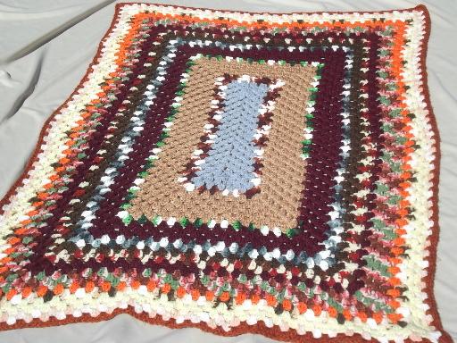 photo of vintage granny square crochet afghan, snuggly blanket in retro fall colors #1