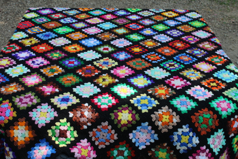 photo of vintage granny squares crochet afghan, black w/ bright rainbow colors, grandmacore, so retro!  #1