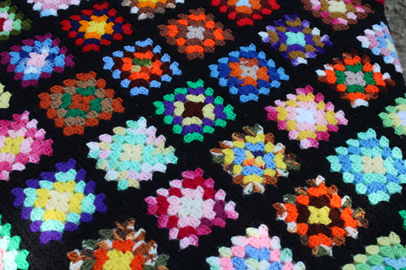 photo of vintage granny squares crochet afghan, black w/ bright rainbow colors, grandmacore, so retro!  #2