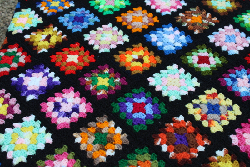 photo of vintage granny squares crochet afghan, black w/ bright rainbow colors, grandmacore, so retro!  #3