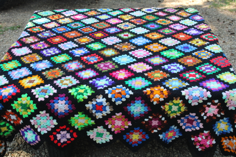photo of vintage granny squares crochet afghan, black w/ bright rainbow colors, grandmacore, so retro!  #4
