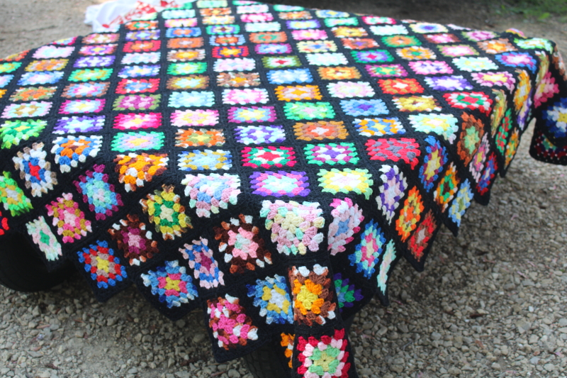 photo of vintage granny squares crochet afghan, black w/ bright rainbow colors, grandmacore, so retro!  #5