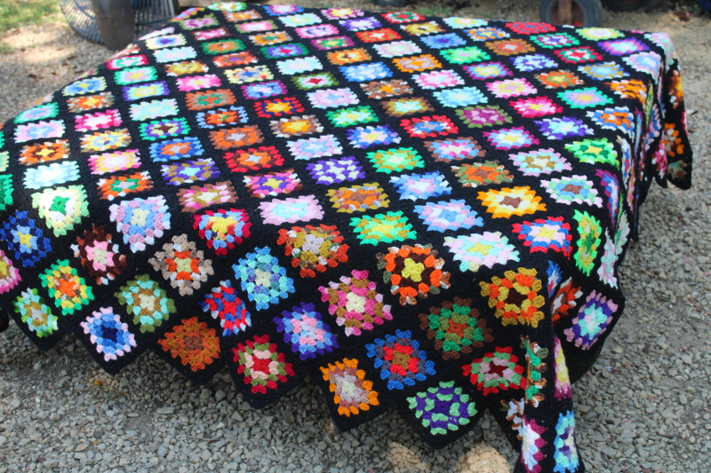 photo of vintage granny squares crochet afghan, black w/ bright rainbow colors, grandmacore, so retro!  #6