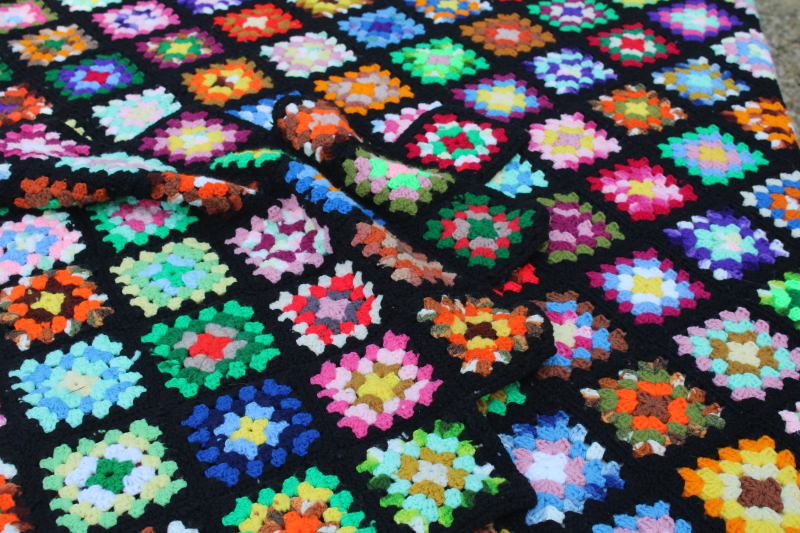 photo of vintage granny squares crochet afghan, black w/ bright rainbow colors, grandmacore, so retro!  #7