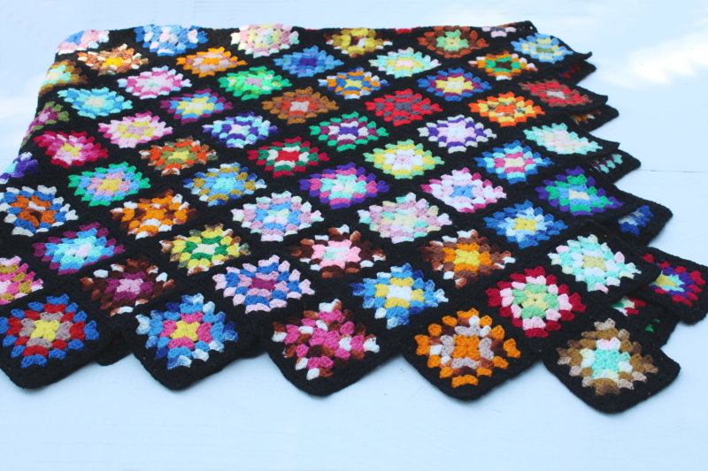 photo of vintage granny squares crochet afghan, black w/ bright rainbow colors, grandmacore, so retro!  #8